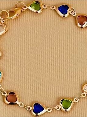 Gold Heart Bracelet with Multicolor Gem Hearts
